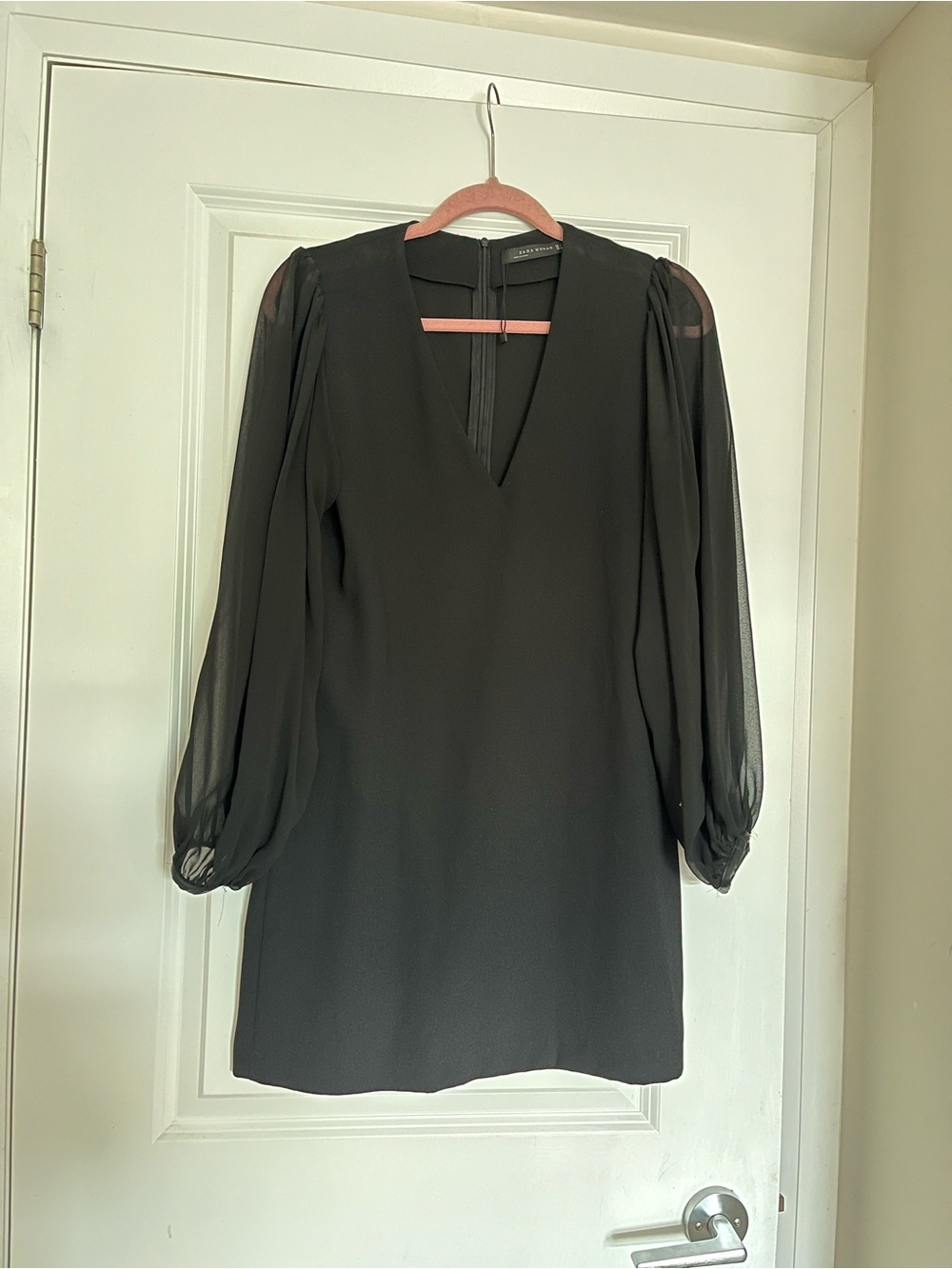 ZARA Black Long Sleeve V-Neck Mini Dress with sheer bell sleeve